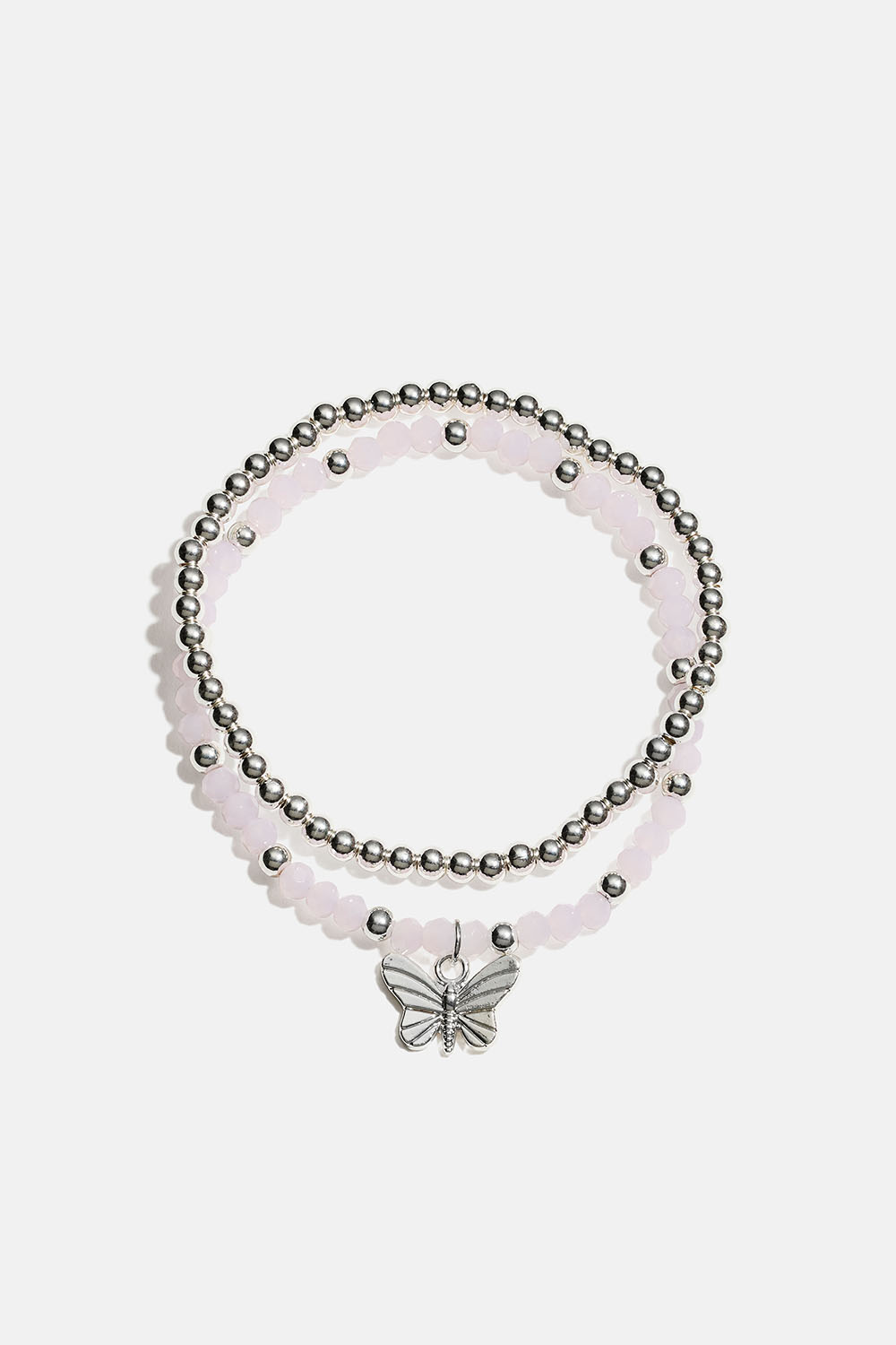 Elastiske armbånd med sommerfugl samt lyserøde og sølvfarvede perler, 2-pak i gruppen Smykker / Armbånd / Flerpak hos Glitter (251001971001)
