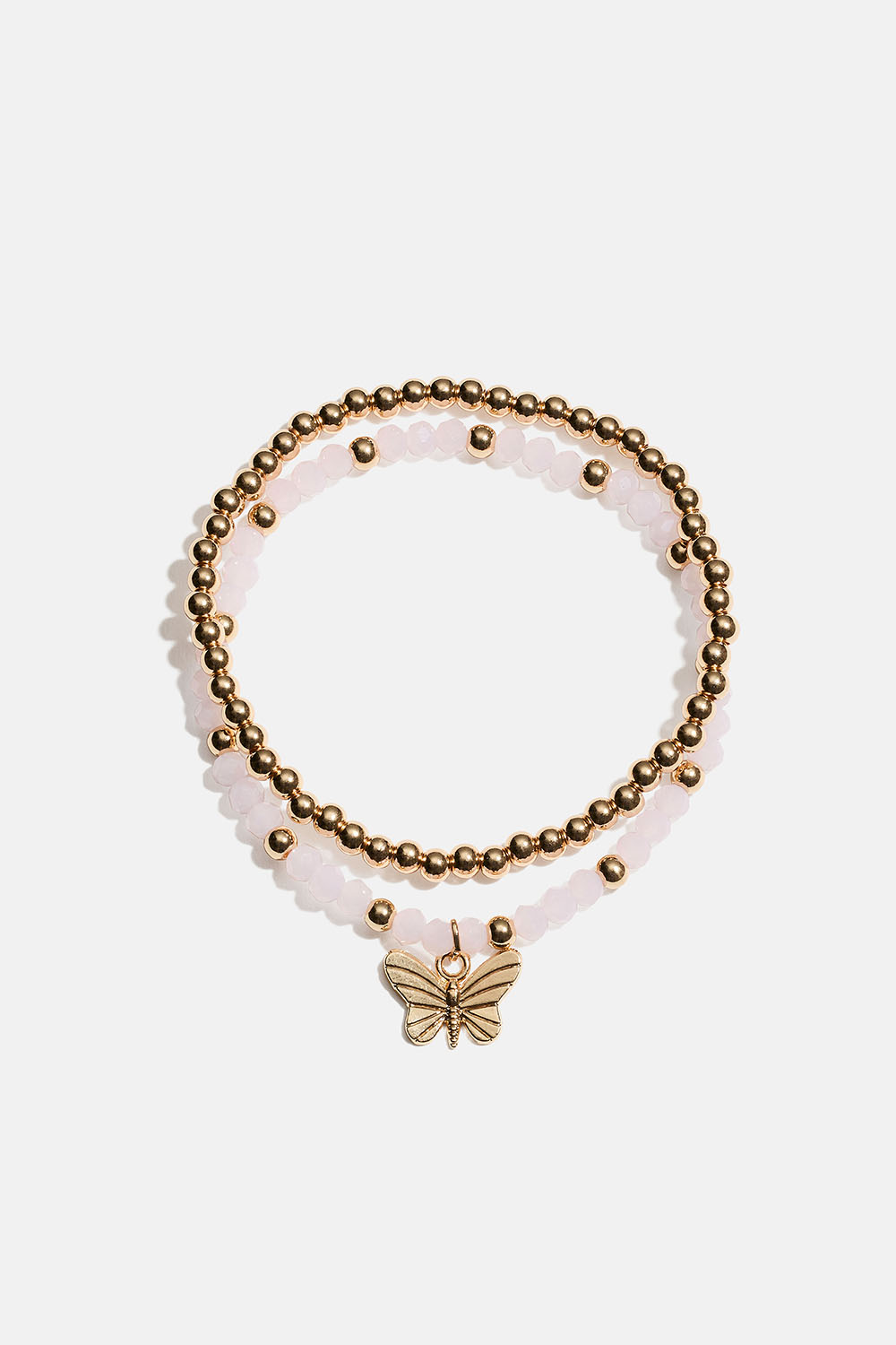 Elastiske armbånd med sommerfugl samt lyserøde og guldfarvede perler, 2-pak i gruppen Smykker / Armbånd / Flerpak hos Glitter (251001972002)