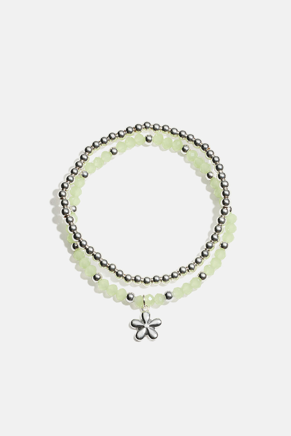 Elastiske armbånd med blomster samt grønne og sølvfarvede perler, 2-pak i gruppen Smykker / Armbånd / Flerpak hos Glitter (251001981001)