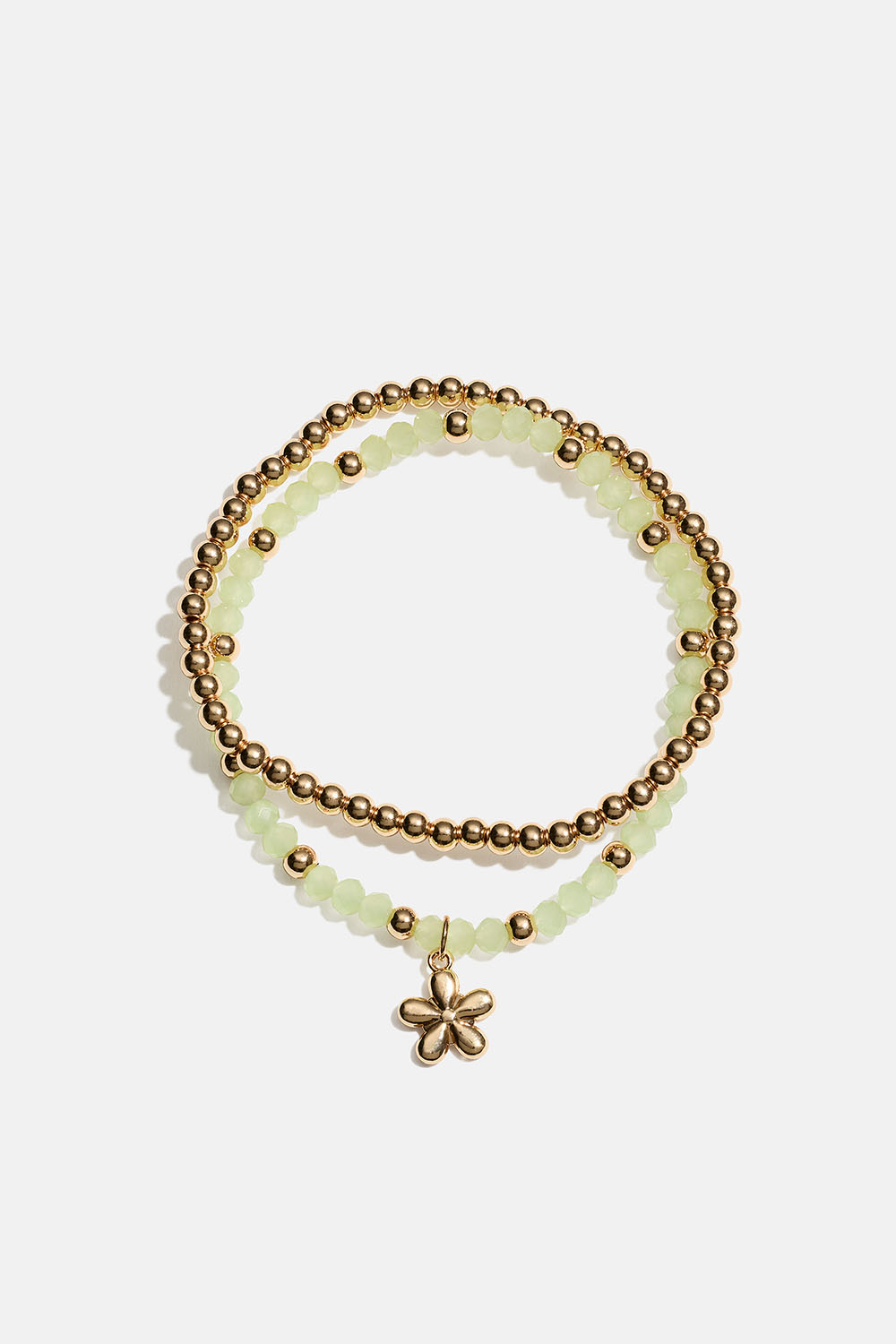 Elastiske armbånd med blomst samt grønne og guldfarvede perler, 2-pak i gruppen Smykker / Armbånd / Flerpak hos Glitter (251001982002)