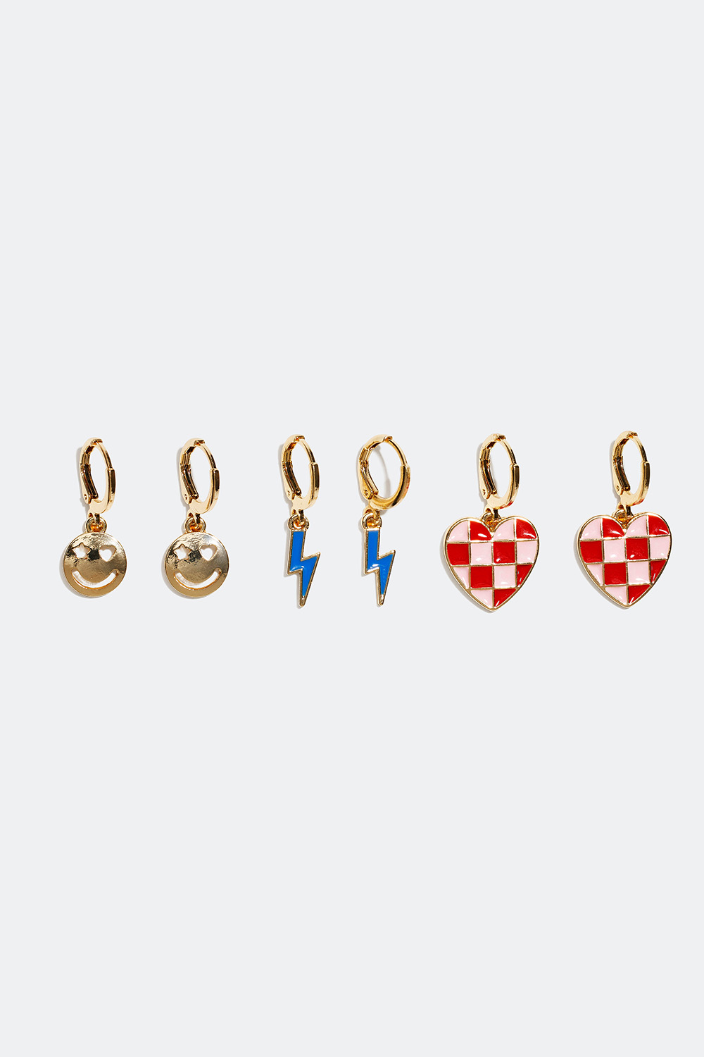 Små hoops med hjerter, lyn og smileys, 3-pak i gruppen Smykker / Øreringe / Hoops / Hoops med vedhæng hos Glitter (253003699902)