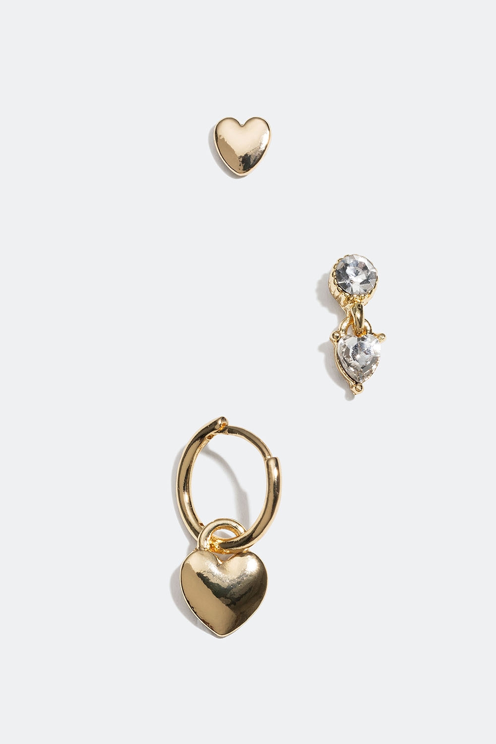 Guldfarvet hoop og ørestikker med hjerter, 3-pak i gruppen Smykker / Øreringe / Flerpak hos Glitter (253005542002)