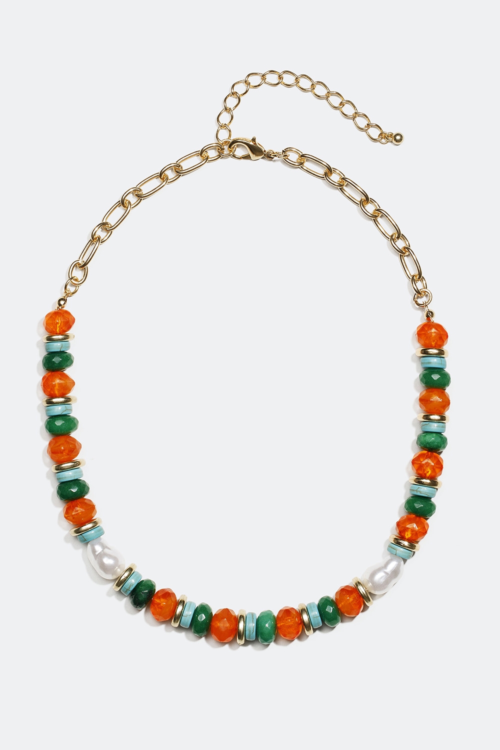 Guldfarvet halskæde med perler og sten i forskellige farver i gruppen Smykker / Halskæder hos Glitter (254000979902)