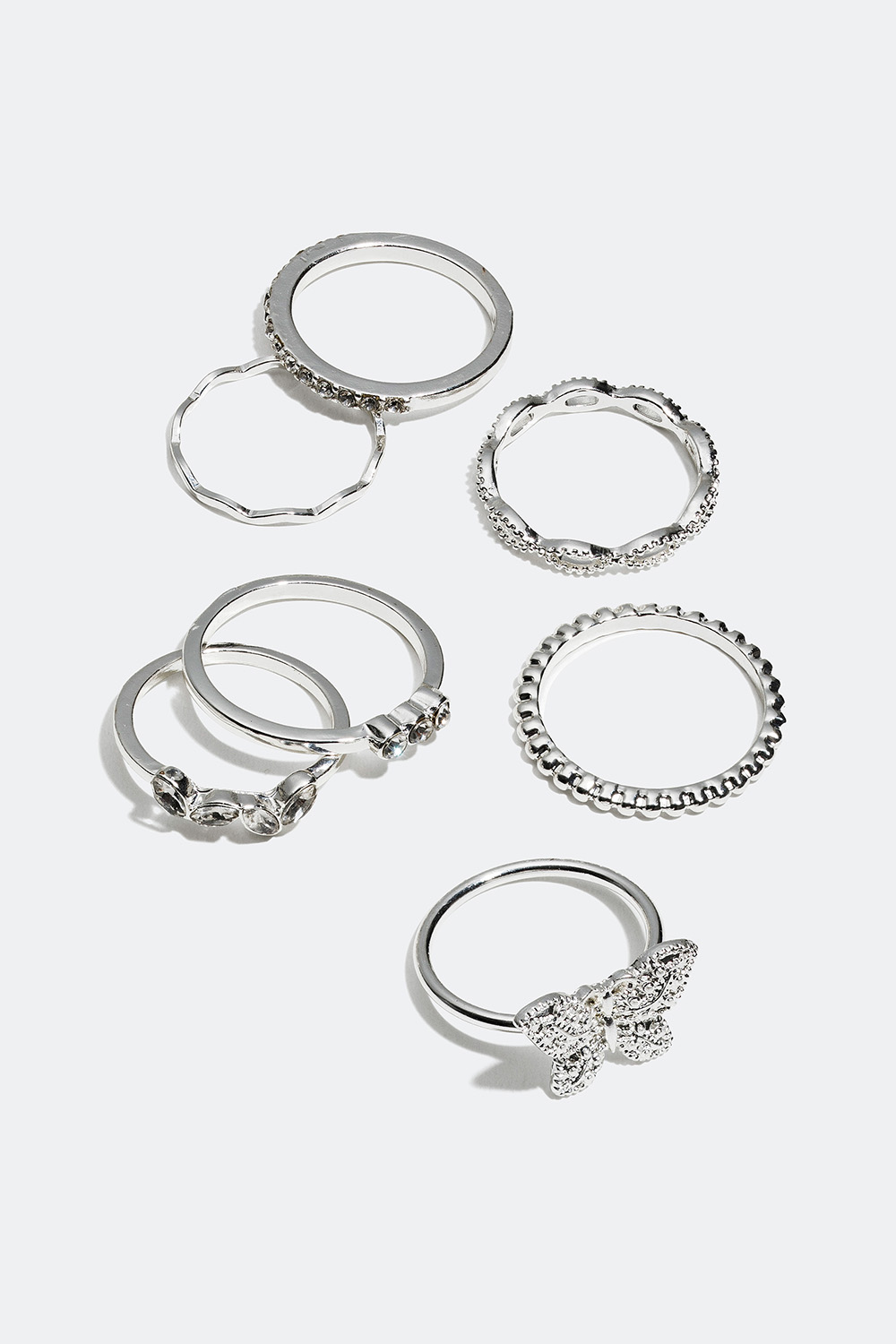 Ringe i forskellige designs med sommerfugle i glassten, 7-pak i gruppen Smykker / Ringe / Flerpak hos Glitter (256000591)