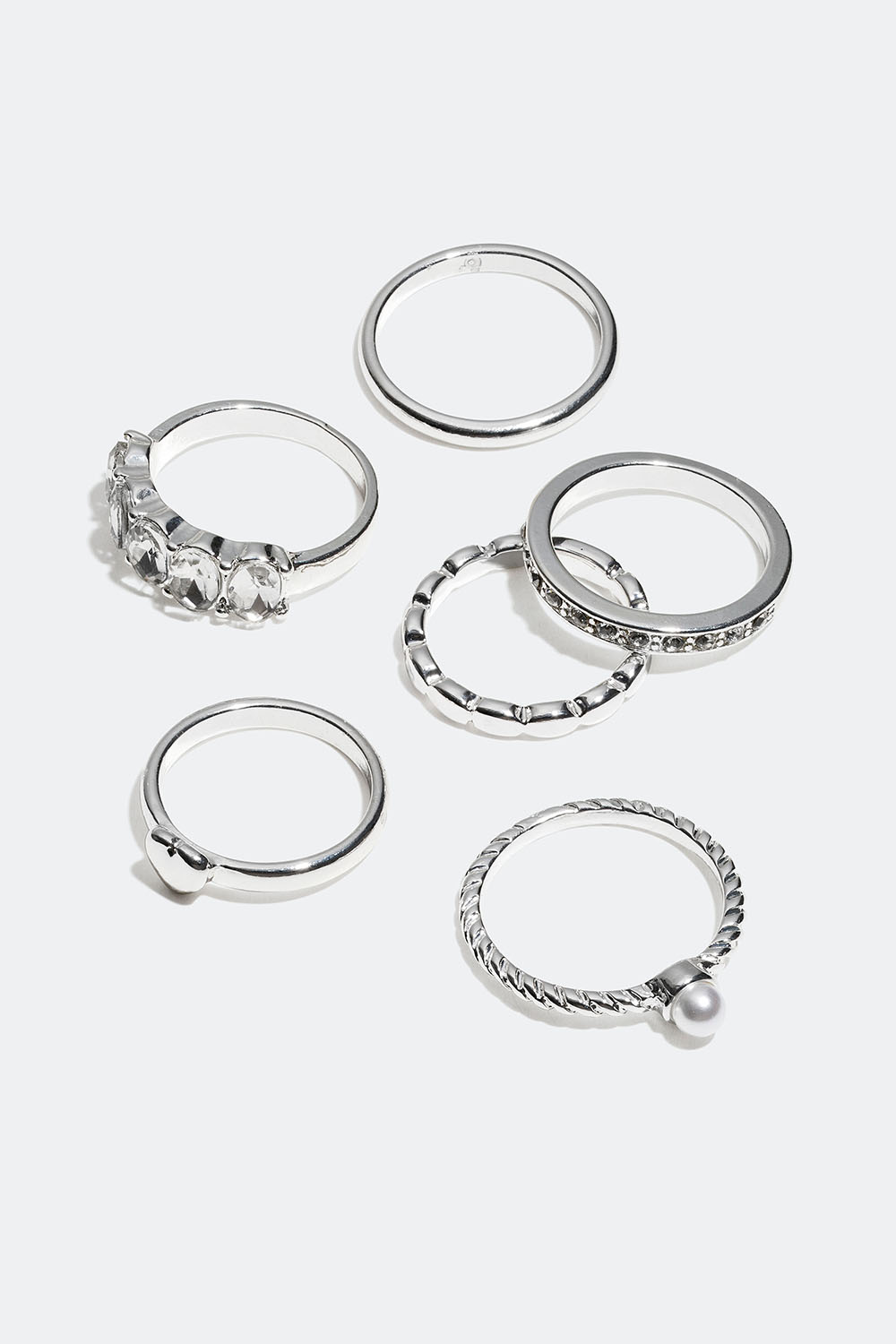 Ringe med glassten og perle, 6-pak i gruppen Smykker / Ringe / Flerpak hos Glitter (256000651)