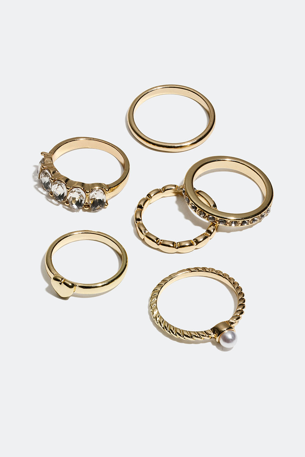 Guldfarvede ringe med glassten og perle, 6-pak i gruppen Smykker / Ringe / Flerpak hos Glitter (256000652)