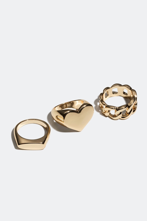 Chunky guldfarvede ringe med hjerte og kæde, 3-pak i gruppen Smykker / Ringe / Flerpak hos Glitter (256000912)