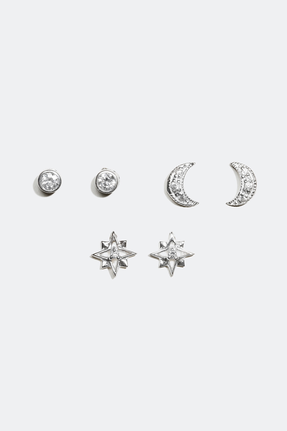 Ørestikker i forskellige design, måne og stjerne, ægte sølv, 3-pak i gruppen Ægte sølv / Sølvøreringe / Flerpak hos Glitter (323417011000)