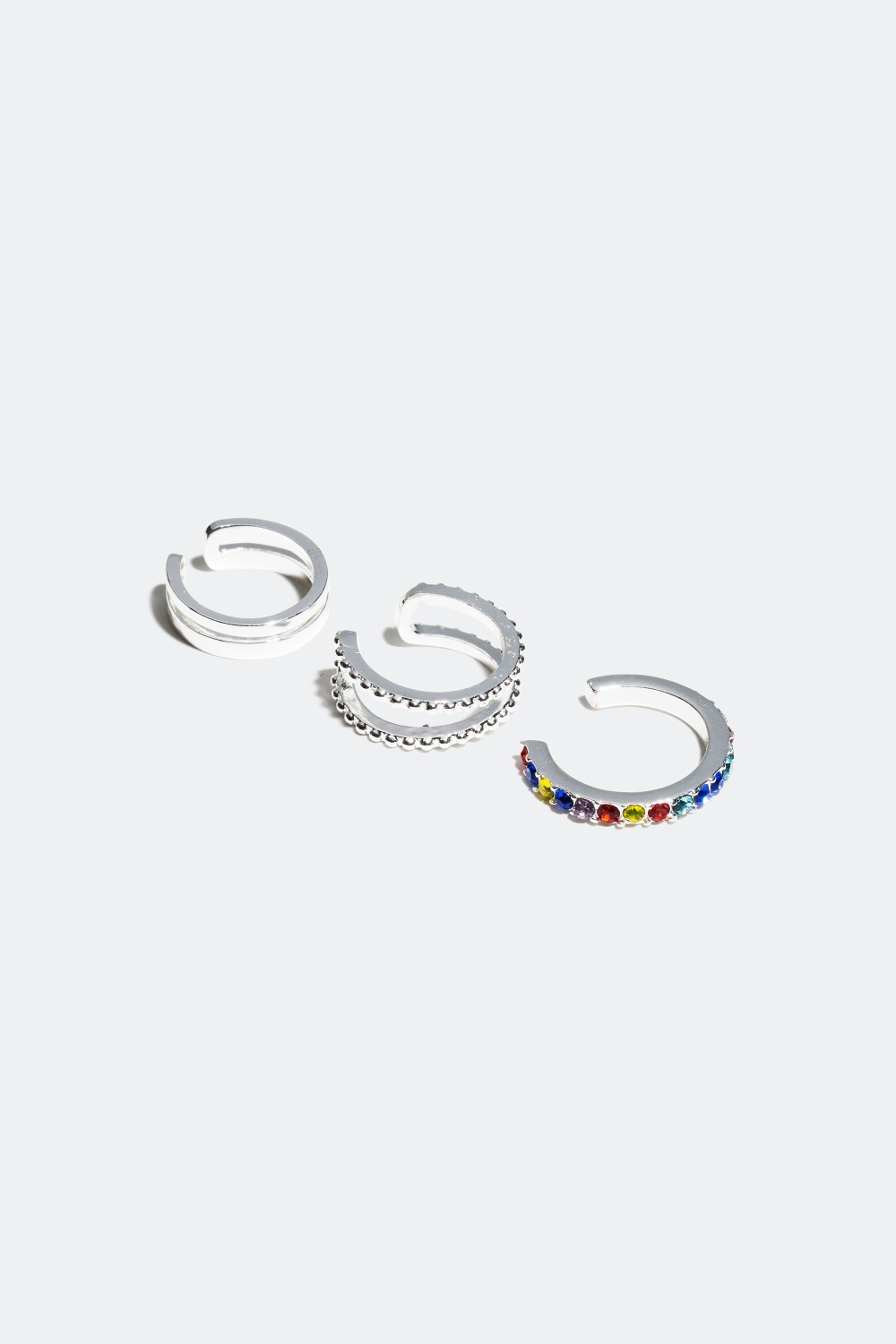 Ear cuffs med metal og farverige sten, 3-pak i gruppen Smykker / Øreringe / Ear cuffs hos Glitter (326473)