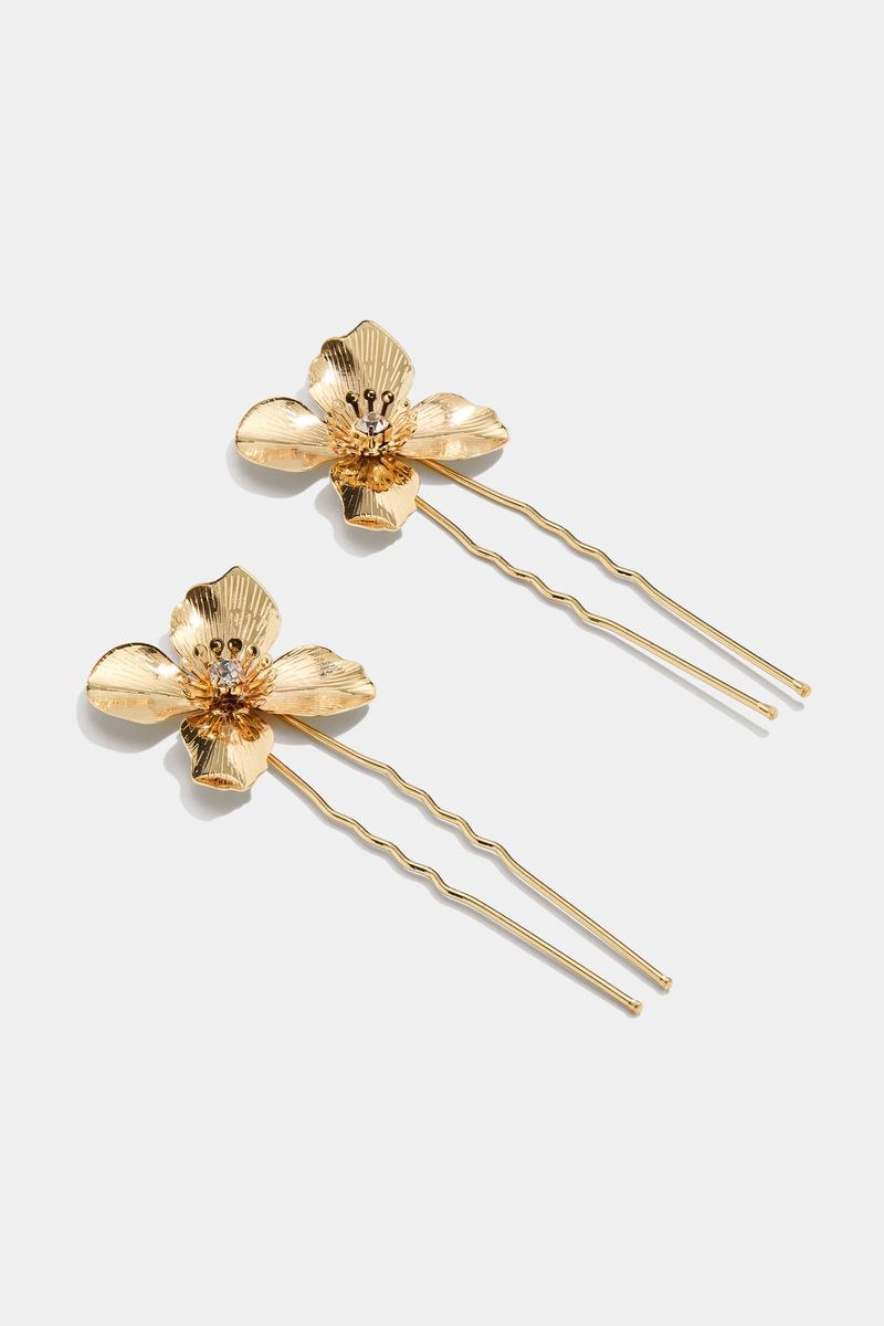 Guldfarvede hårnåle med blomster, 2-pak i gruppen Håraccessories / Styling & hårredskaber / Hårnåle hos Glitter (334000262000)