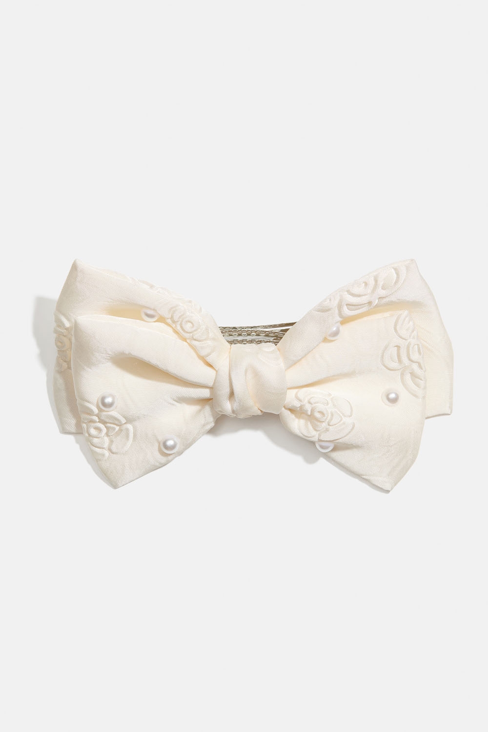 Hårspænde med hvid sløjfe, perler og rosemønster i gruppen Håraccessories / Spænder & klemmer / Hårspænder hos Glitter (335002013100)