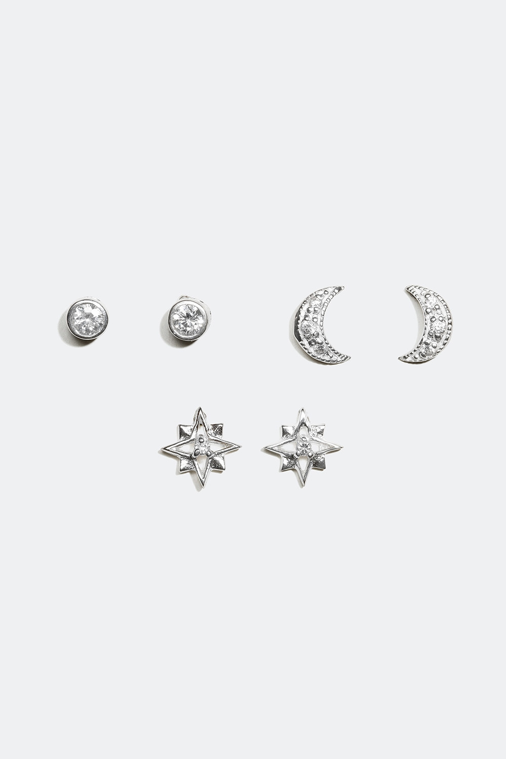 Ørestikker i forskellige design, måne og stjerne, ægte sølv, 3-pak