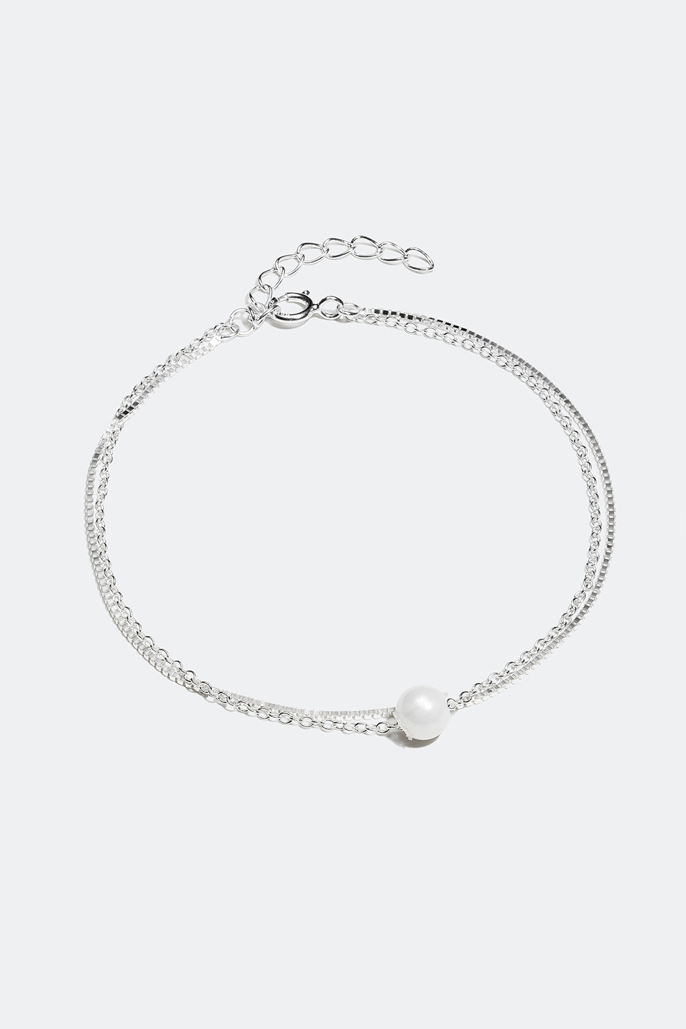 Dobbeltarmbånd med perle og kæde i ægte sølv