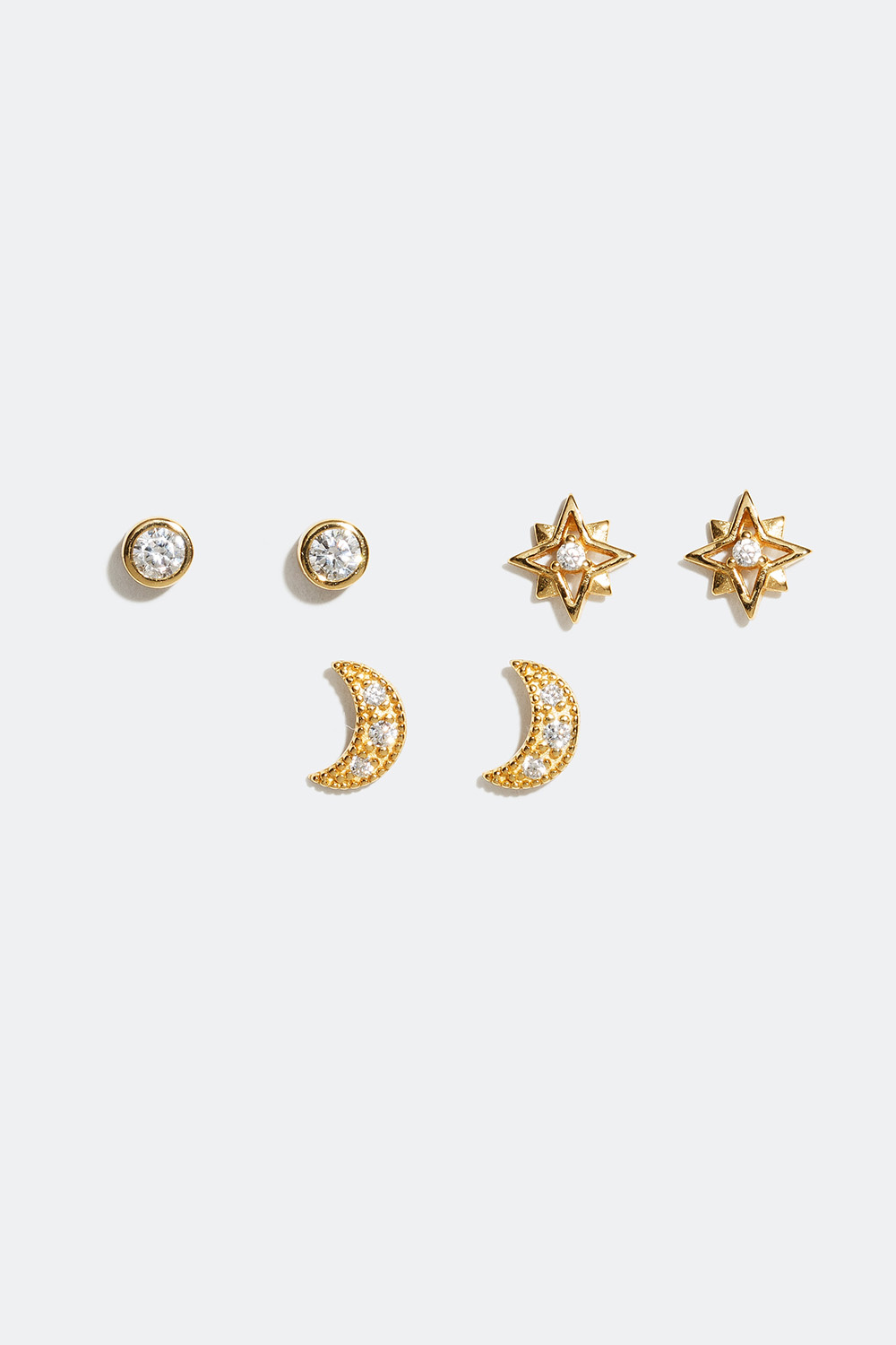Ørestikker i forskellige design, måne og stjerne, forgyldt med 18 kt. guld, 3-pak