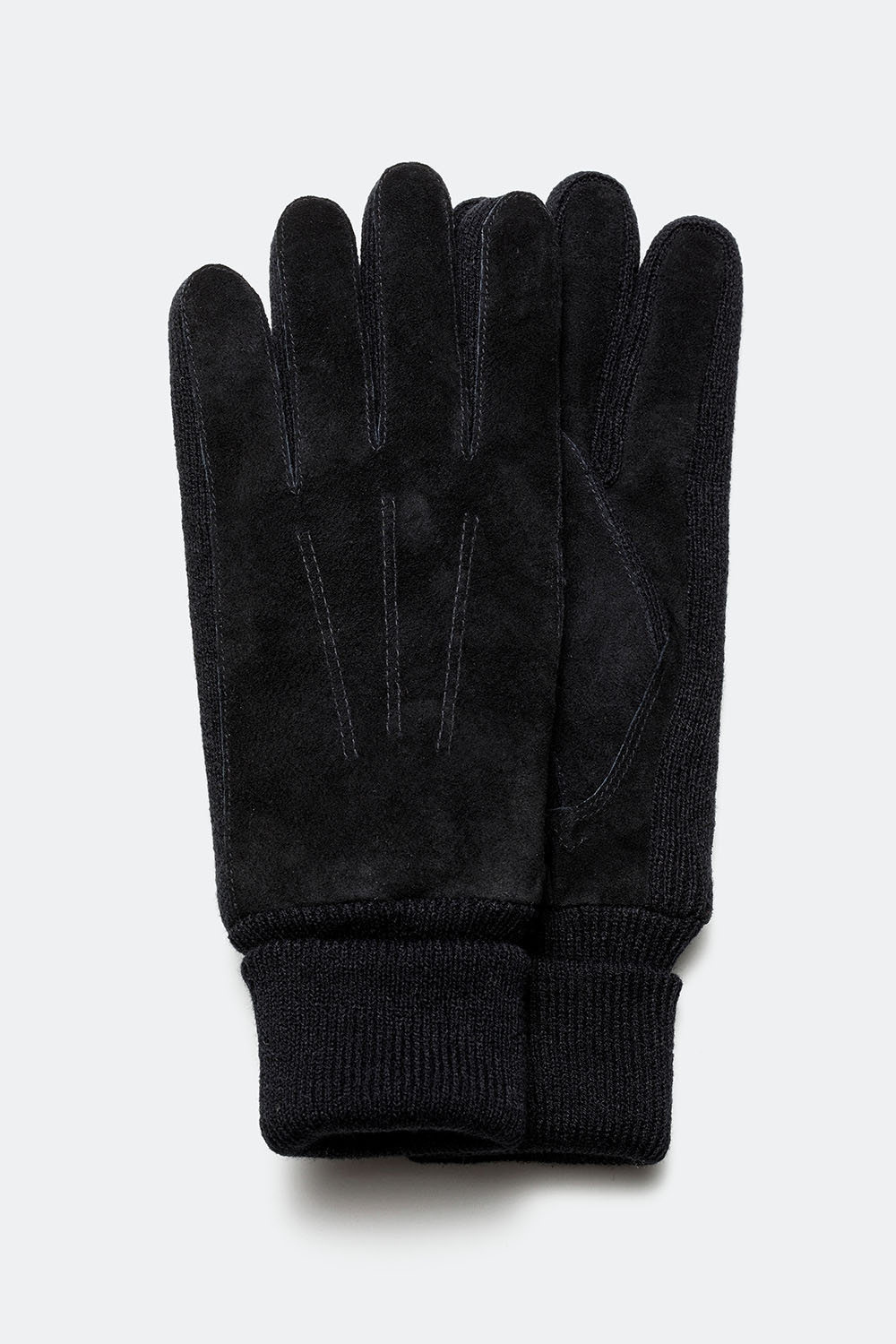 Sorte ruskindshandsker med detaljerede syninger