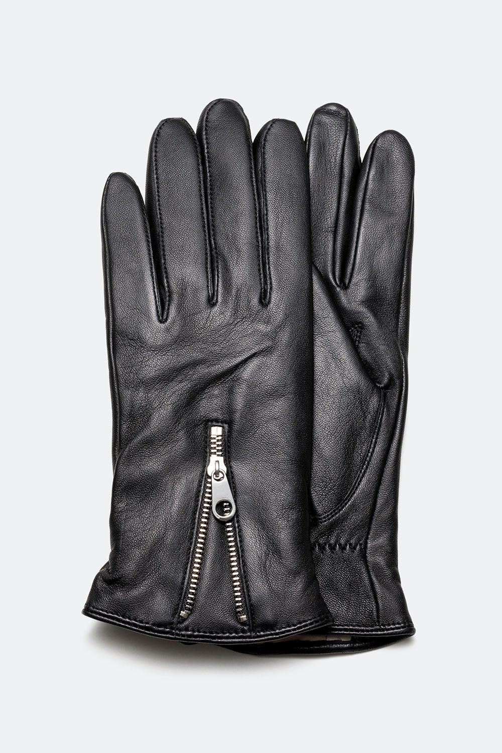 Sorte skindhandsker med lynlås