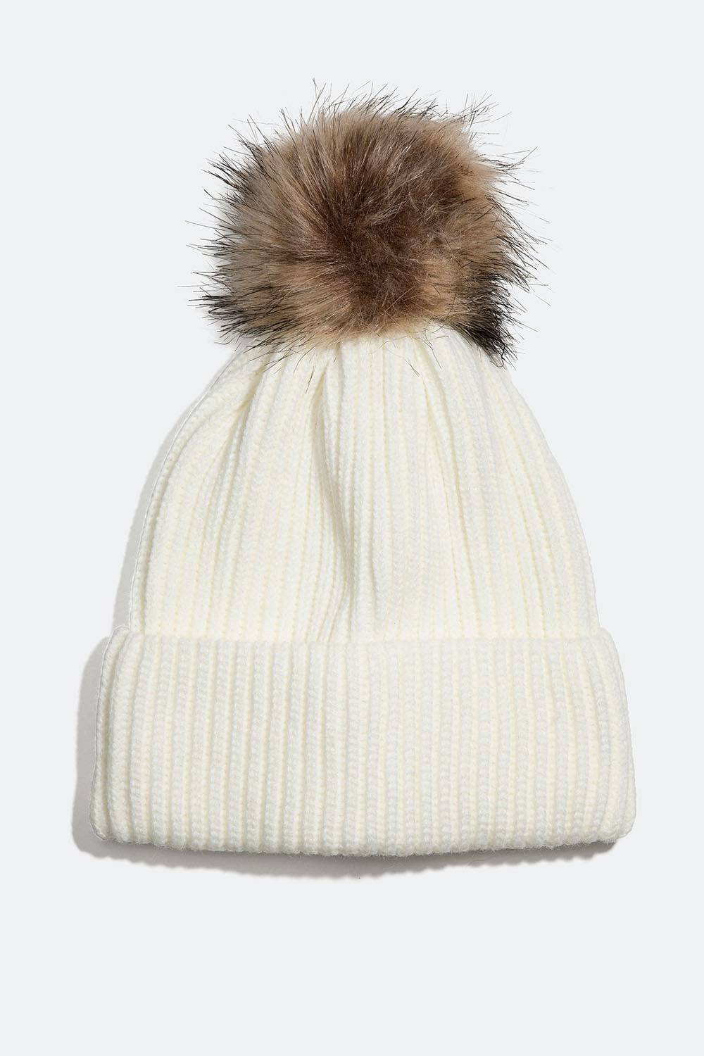 Hvid ribstrikket hue med kvast