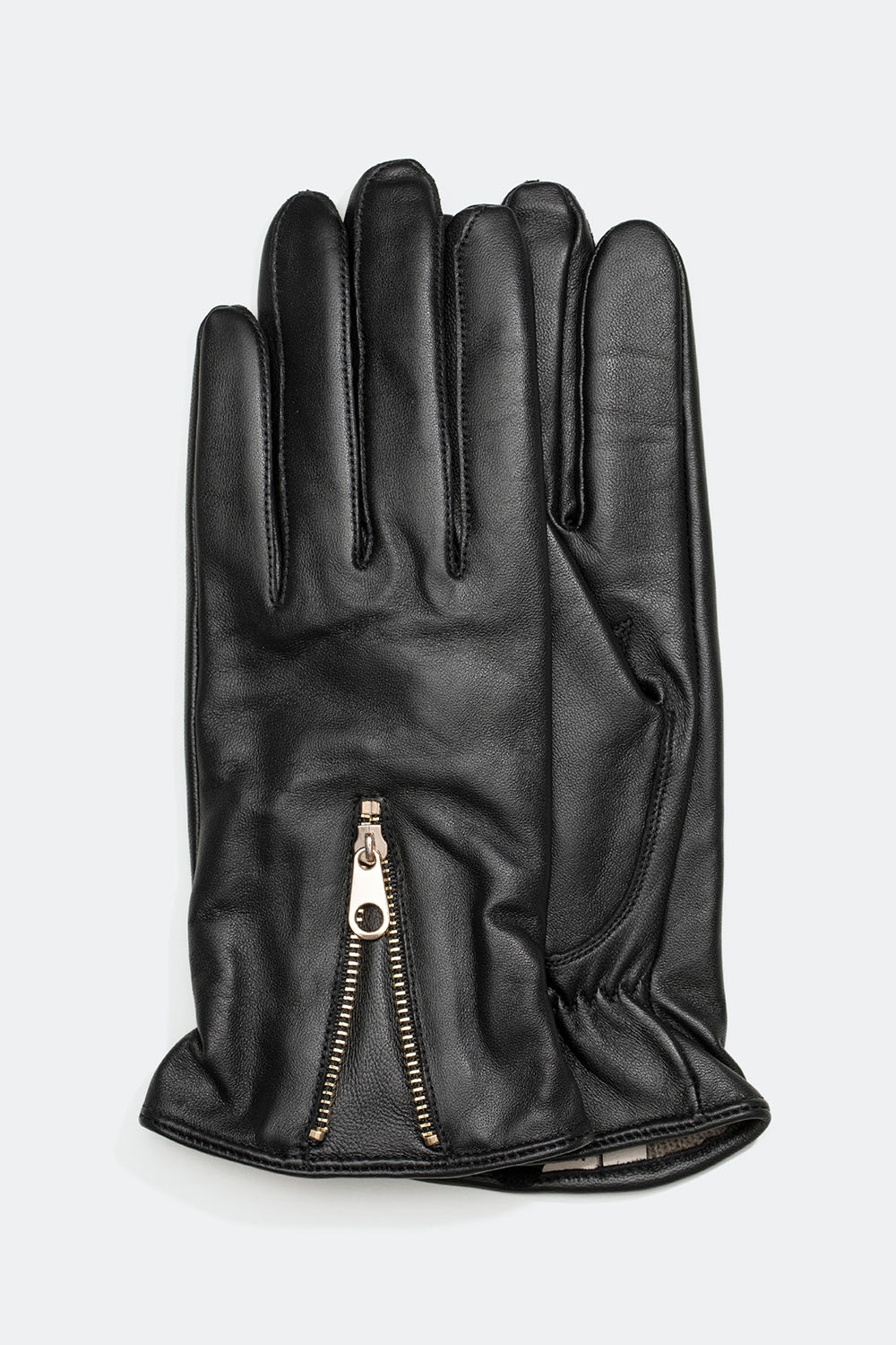 Sorte skindhandsker med guldfarvet lynlås