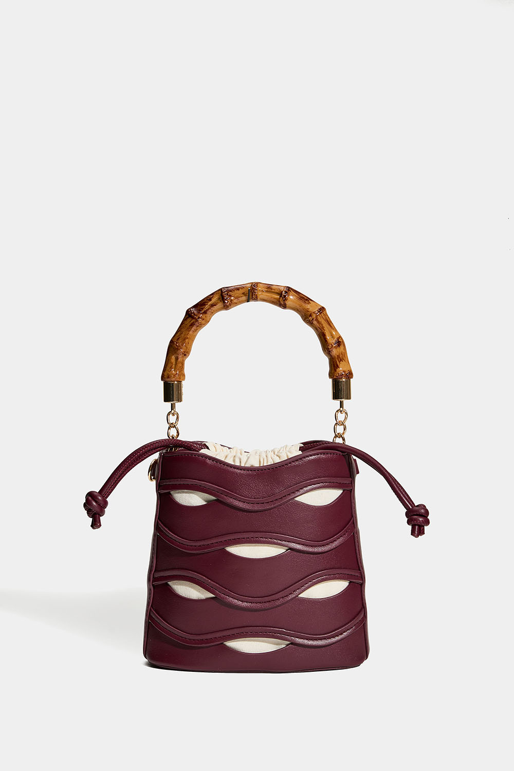 Vinrød bucketbag med håndtag øverst i bambusmønster