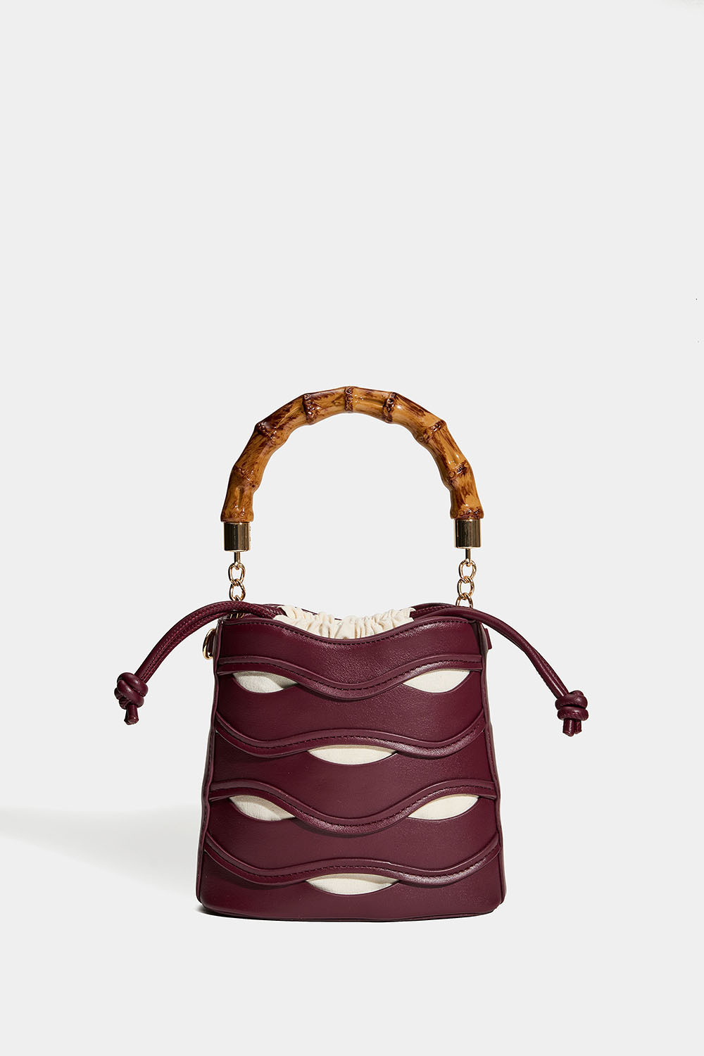 Vinrød bucketbag med håndtag øverst i bambusmønster