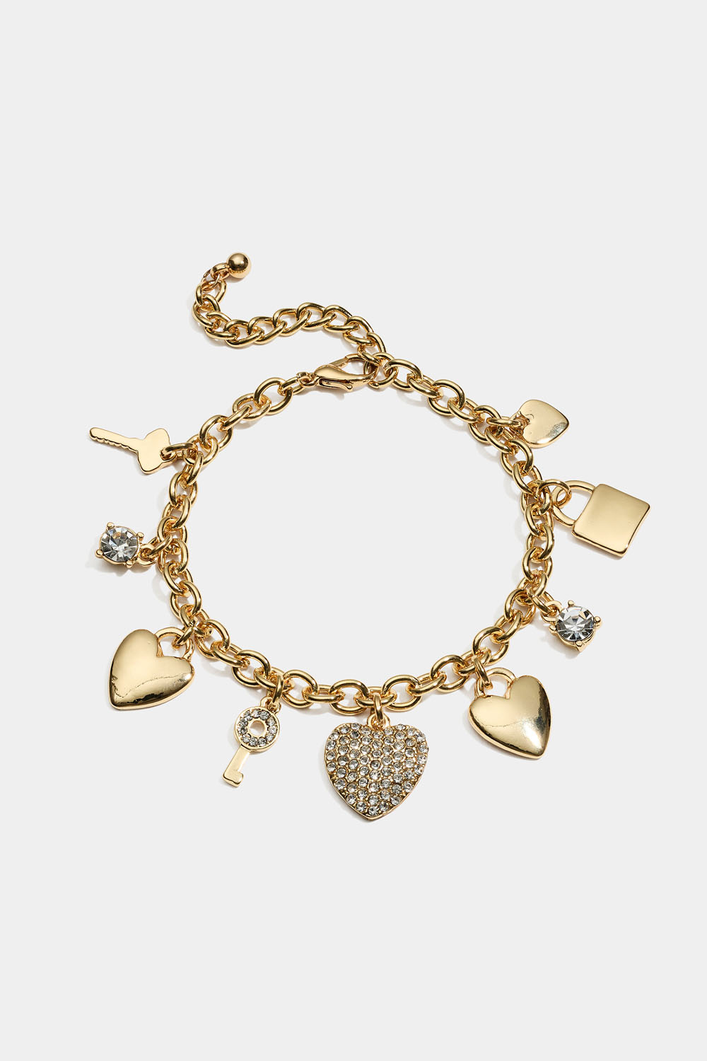 Guldfarvet armbånd med nøgler og hjerte