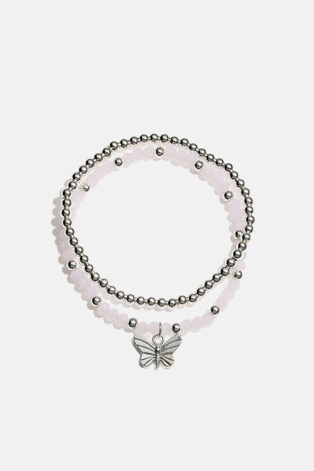 Elastiske armbånd med sommerfugl samt lyserøde og sølvfarvede perler, 2-pak