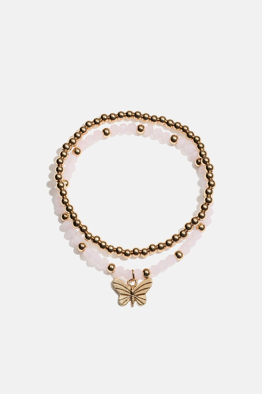 Elastiske armbånd med sommerfugl samt lyserøde og guldfarvede perler, 2-pak