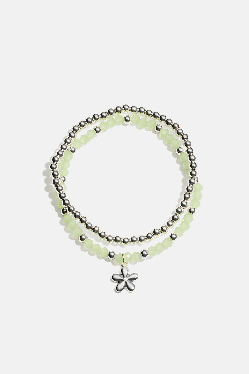 Elastiske armbånd med blomster samt grønne og sølvfarvede perler, 2-pak
