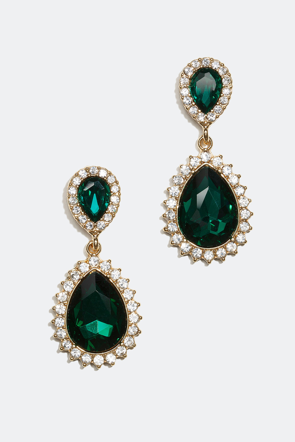 Dråbeformede øreringe med hvide og grønne glassten