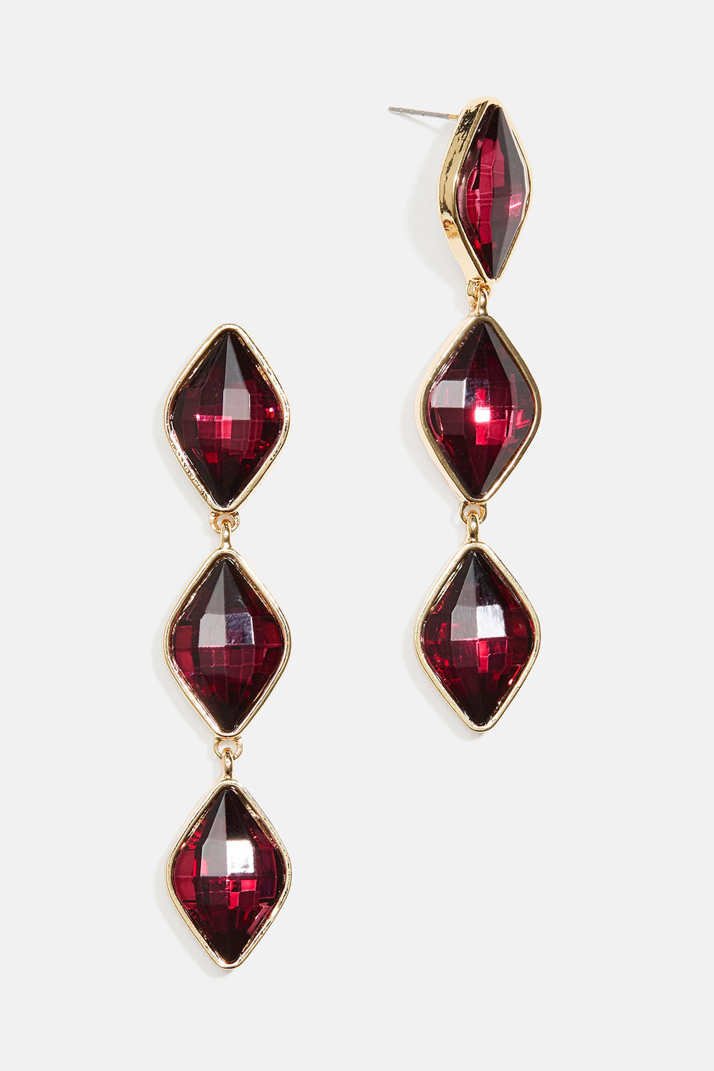 Øreringe med bordeaux glassten i diamantform
