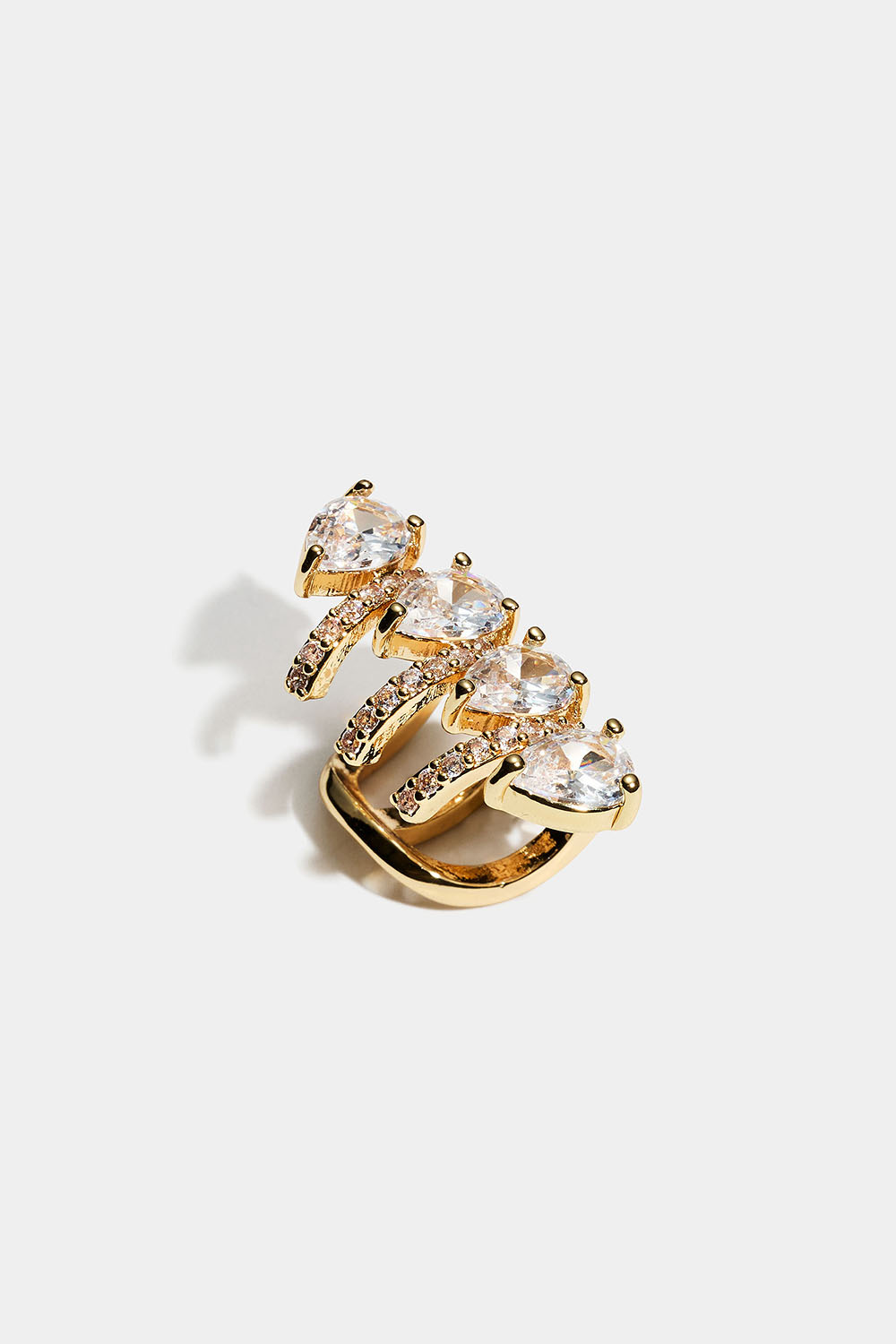 Bred guldfarvet earcuff med dråbeformede glassten