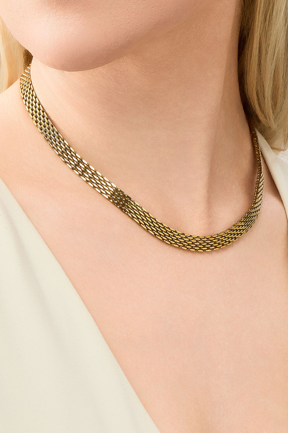 Flad kæde-halskæde i stål med 18 karat guld