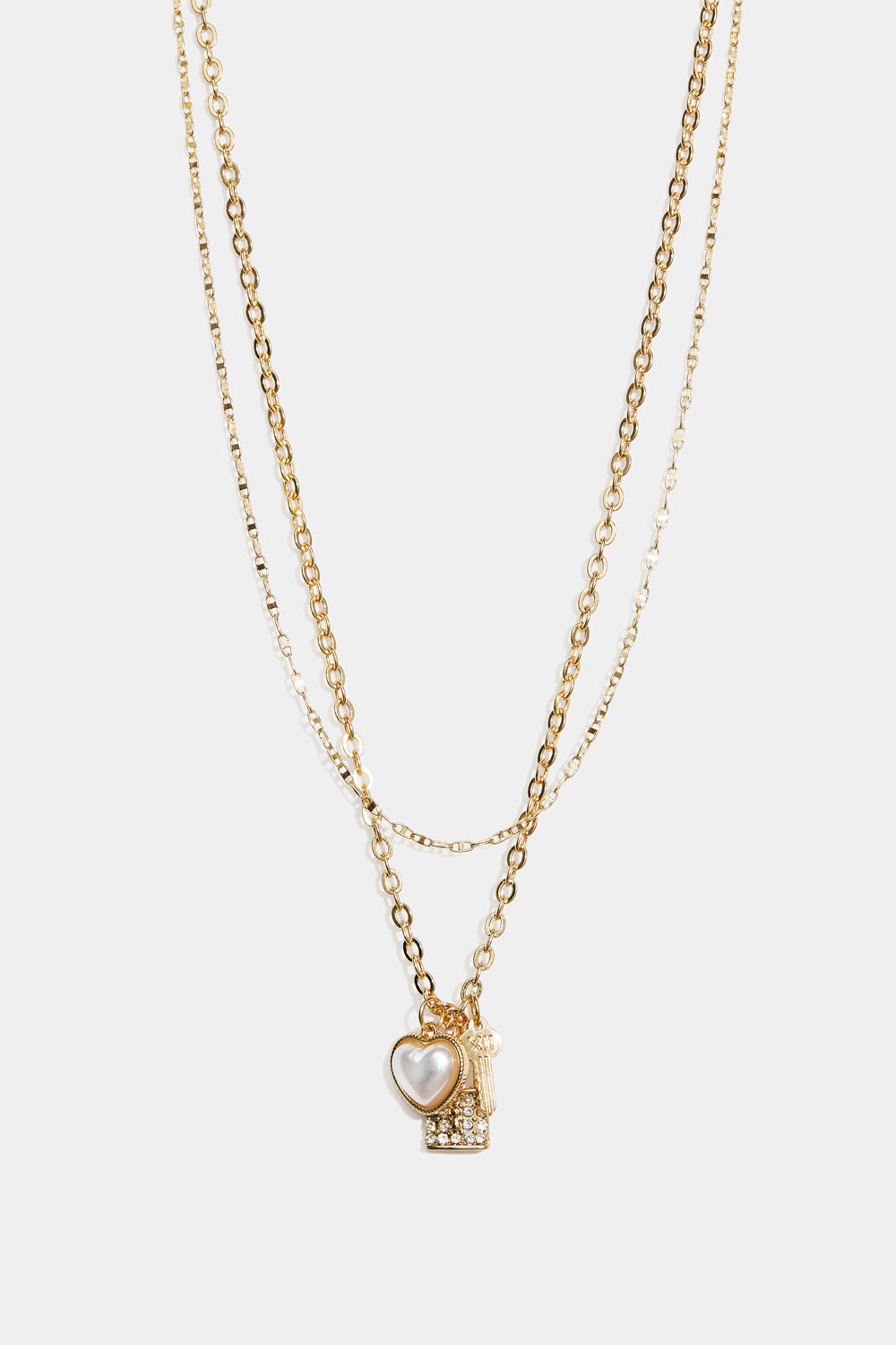 Guldfarvet dobbelt halskæde med hjerte, nøgle og lås