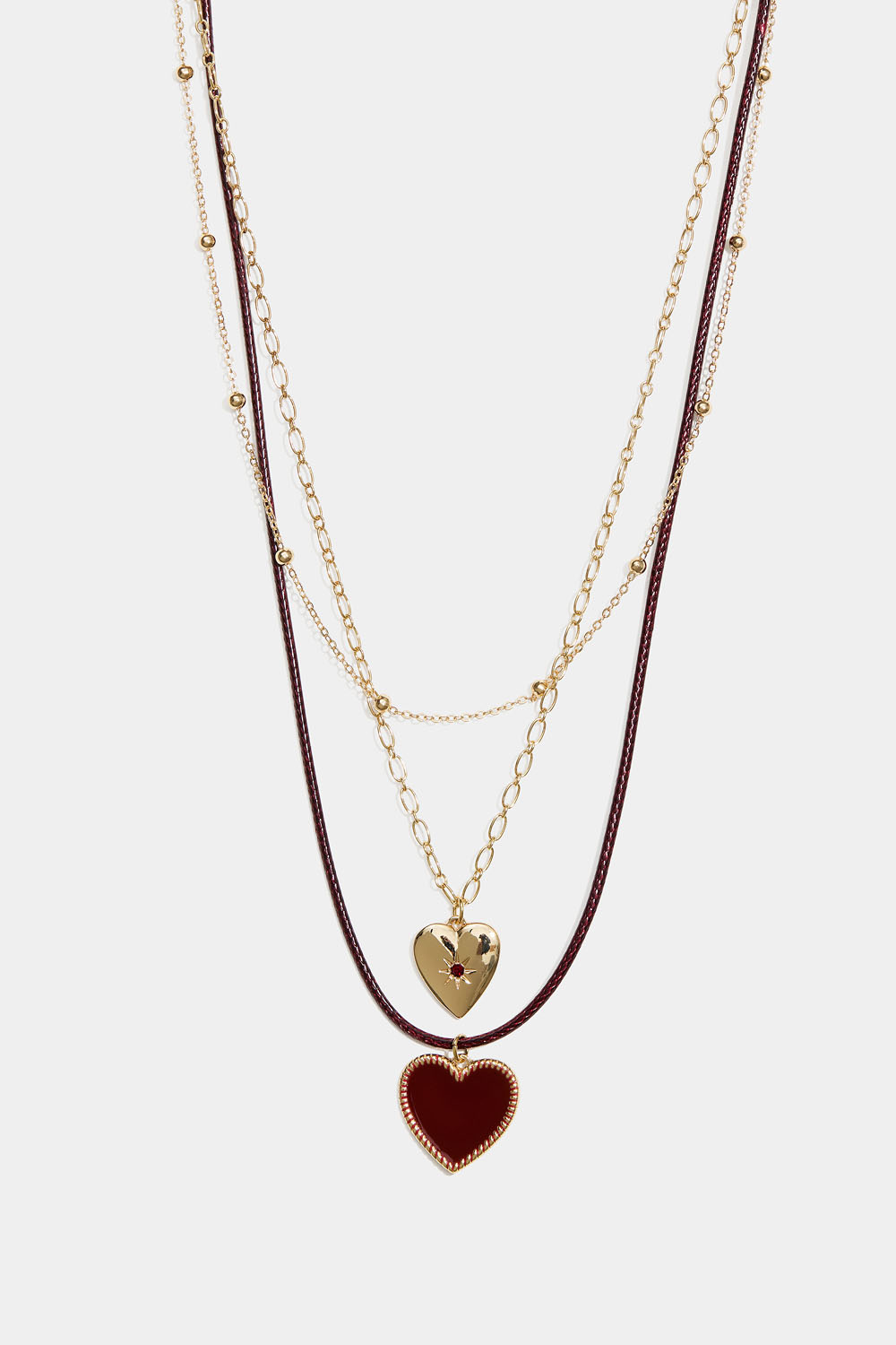 Guldfarvet tredobbelt halskæde med hjerter og snor