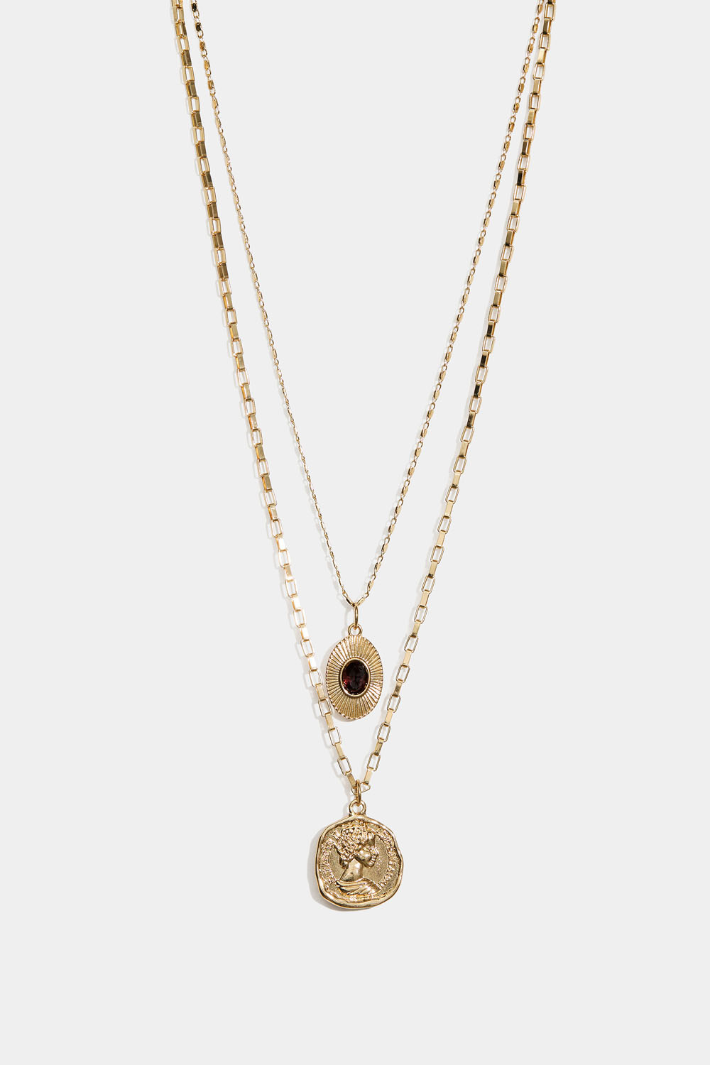 Guldfarvet dobbelt halskæde med møntcharm