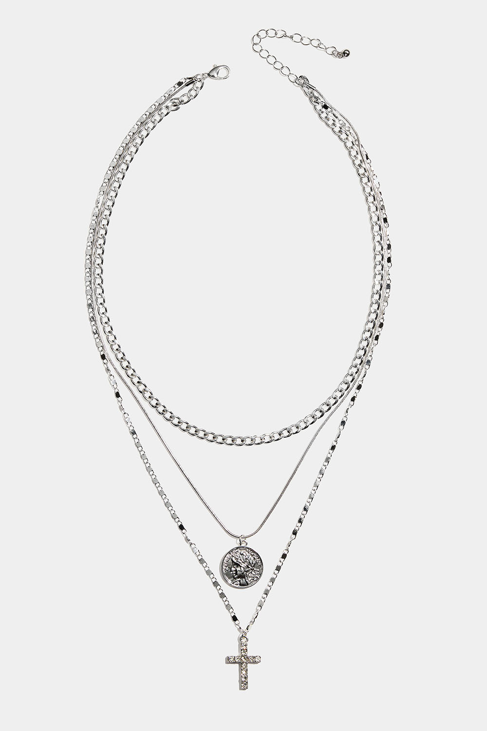 Tredobbelt halskæde med kors og mønt