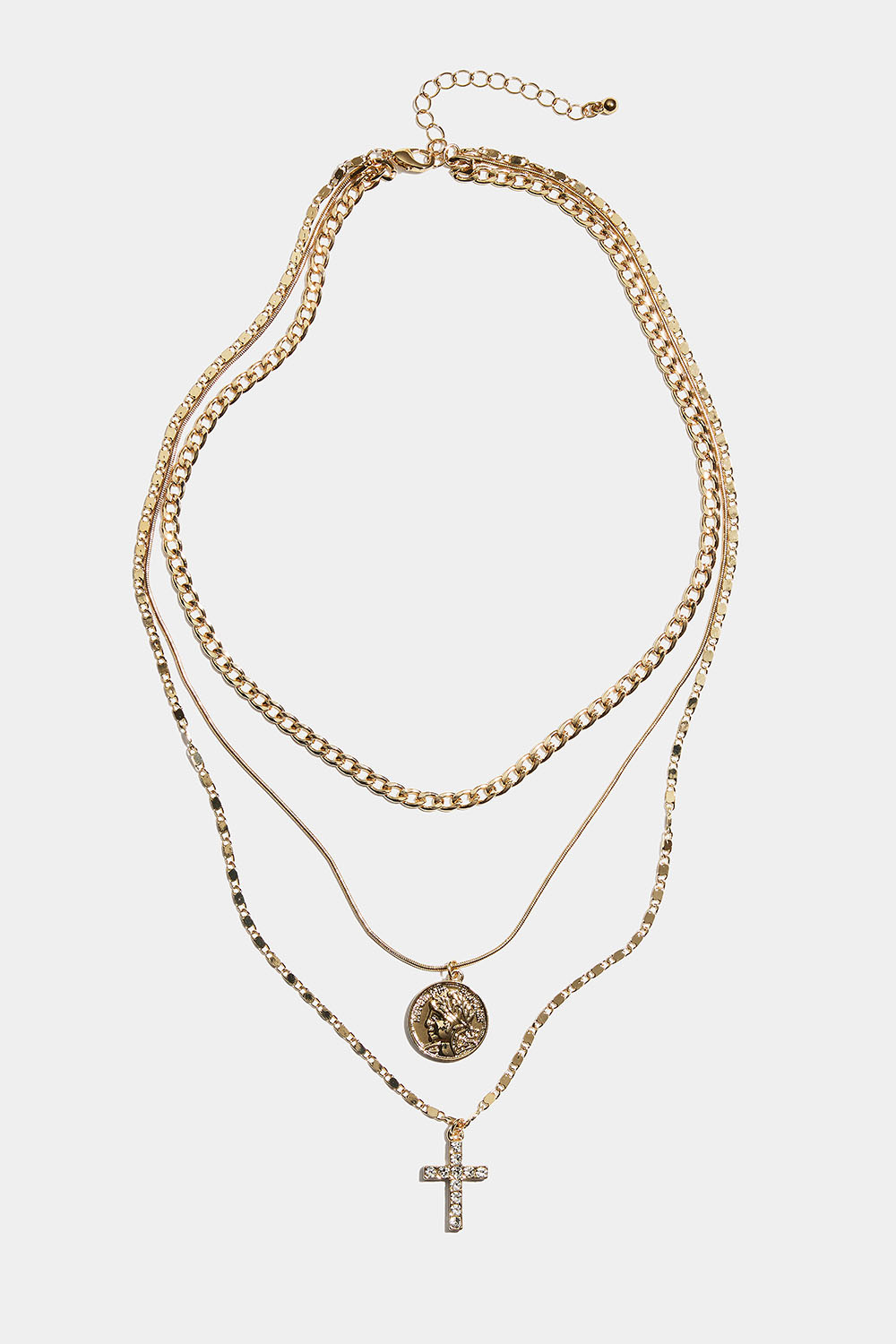 Guldfarvet tredobbelt halskæde med kors og mønt