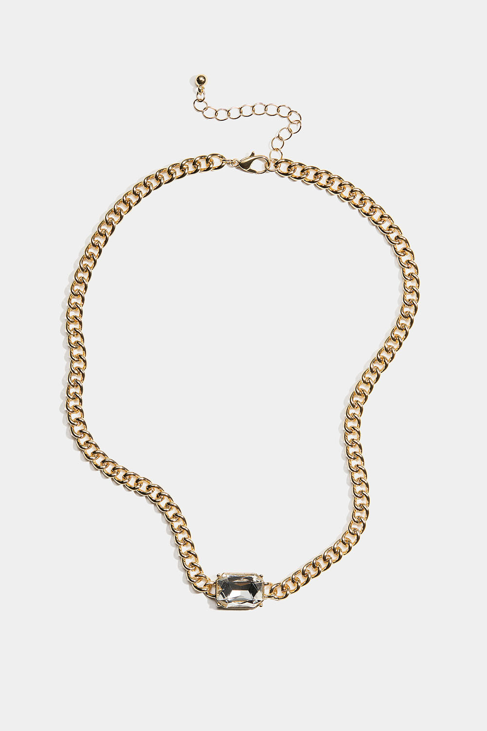Guldfarvet halskæde med grov kæde og stor glassten