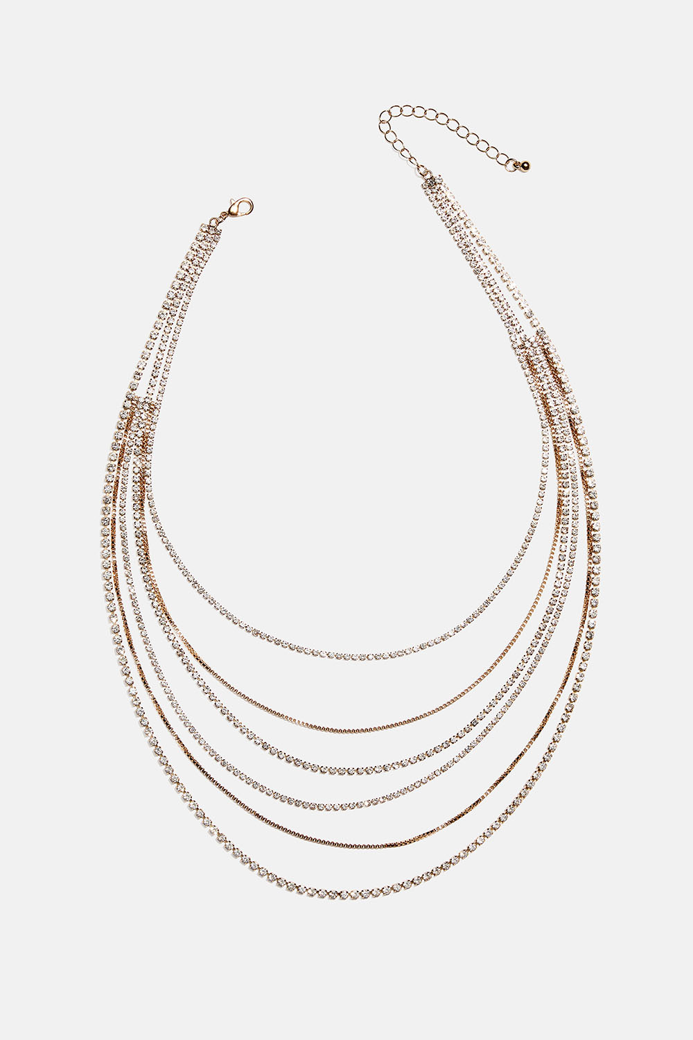 Guldfarvet lag-på-lag-halskæde med kæder og glassten