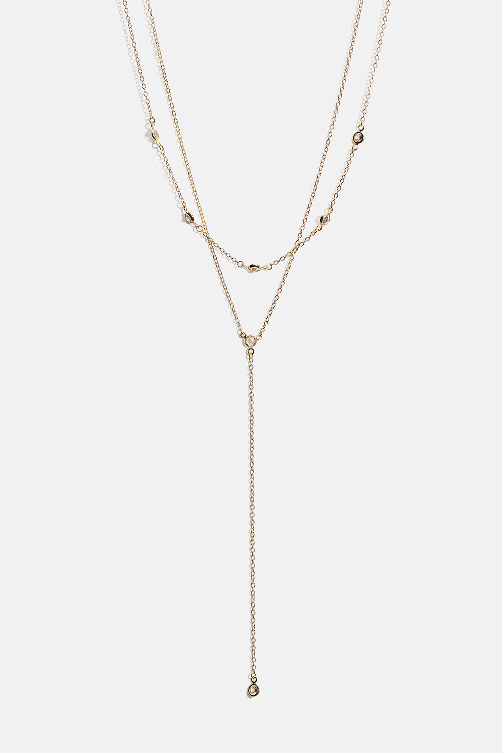 Guldfarvet dobbelt halskæde med små runde glassten