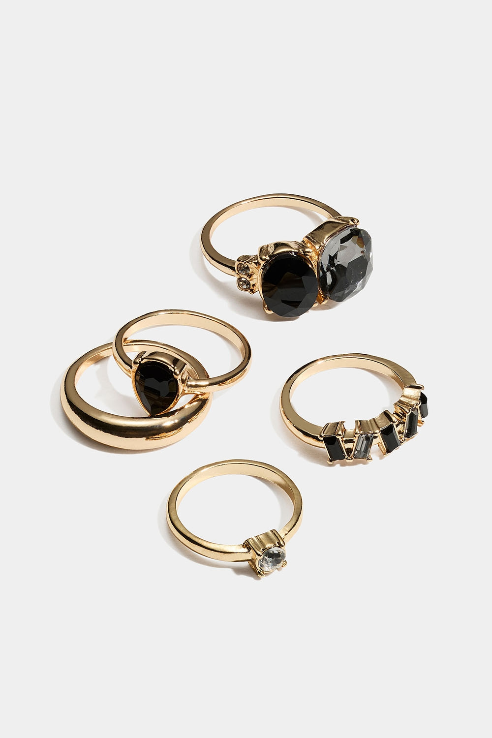 Ringe med sorte og grå glassten, 5-pak