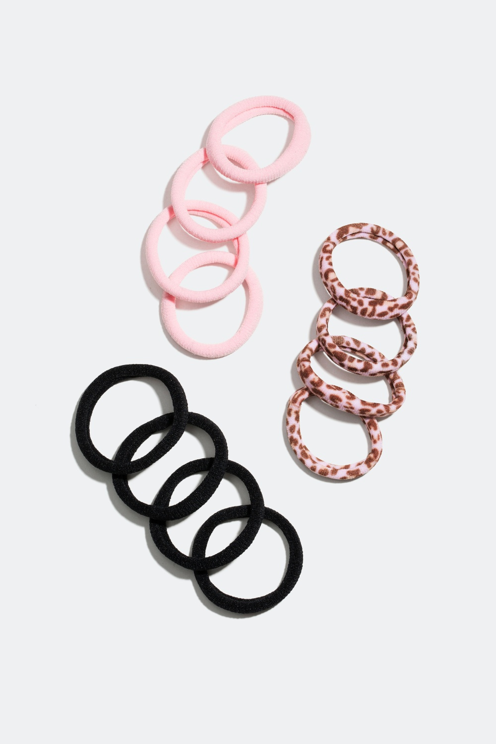 Hårelastikker i lyserød, sort og leopard, 12-pak