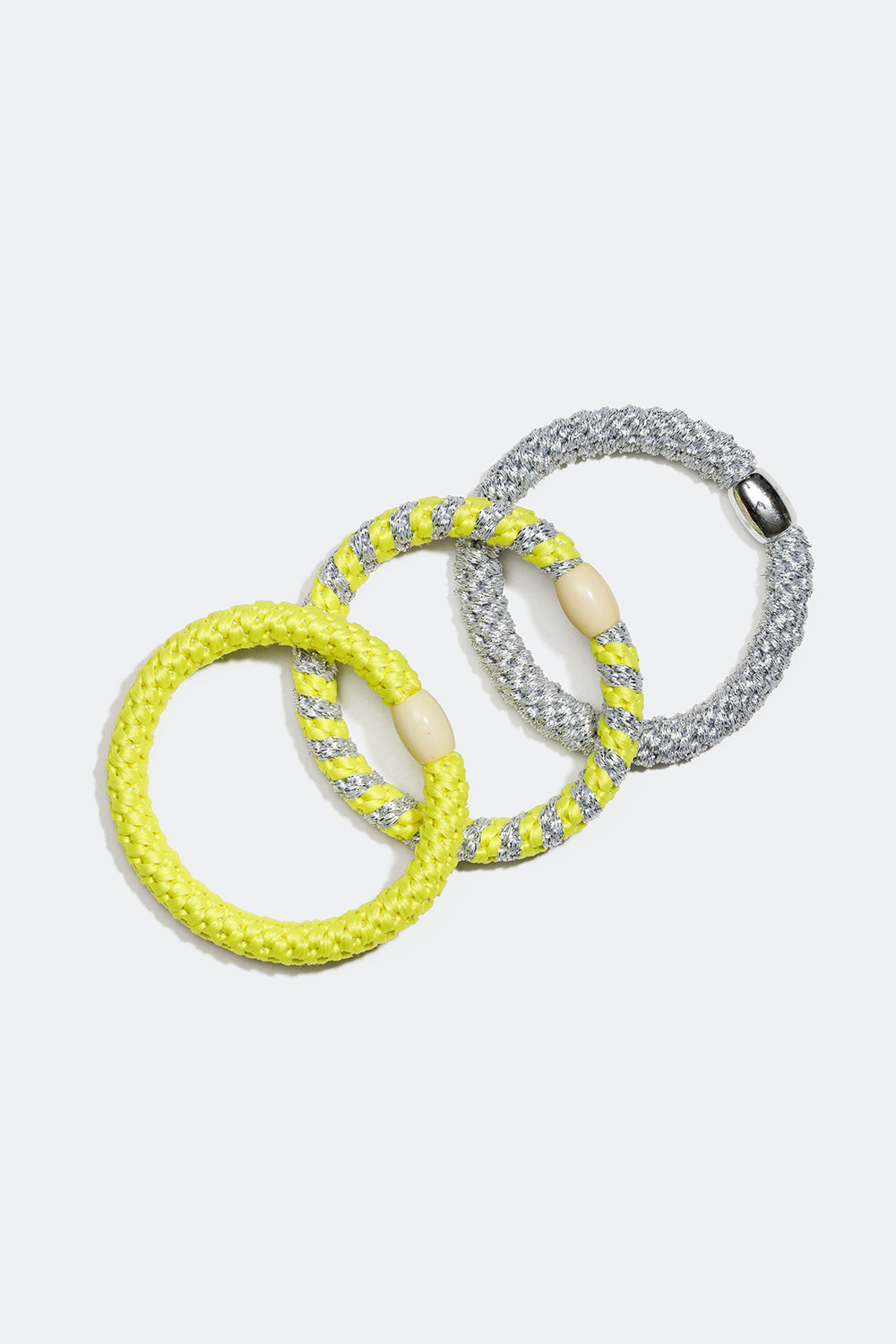 Flettede hårelastikker i sølv og neongul, 3-pak