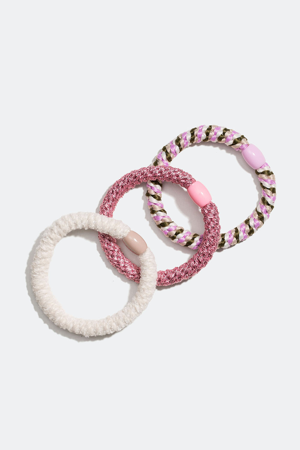 Flettede hårelastikker i et miks af rosa, hvid og grøn, 3-pak