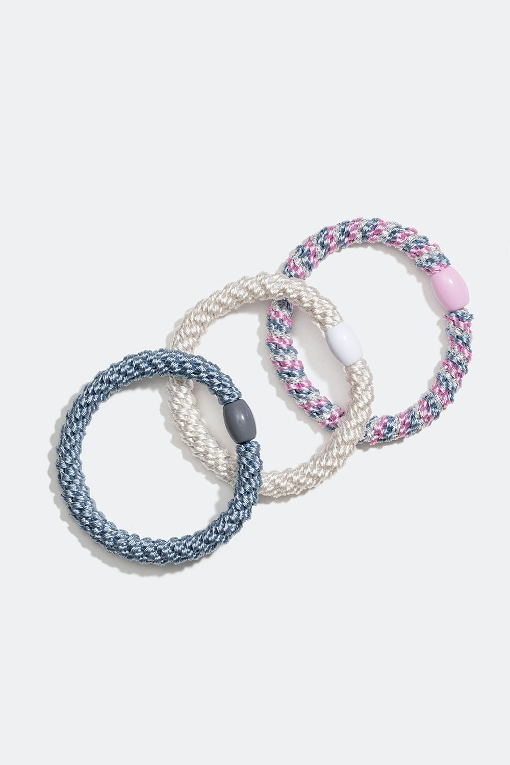 Flettede hårelastikker i et miks af blå, hvid og rosa, 3-pak