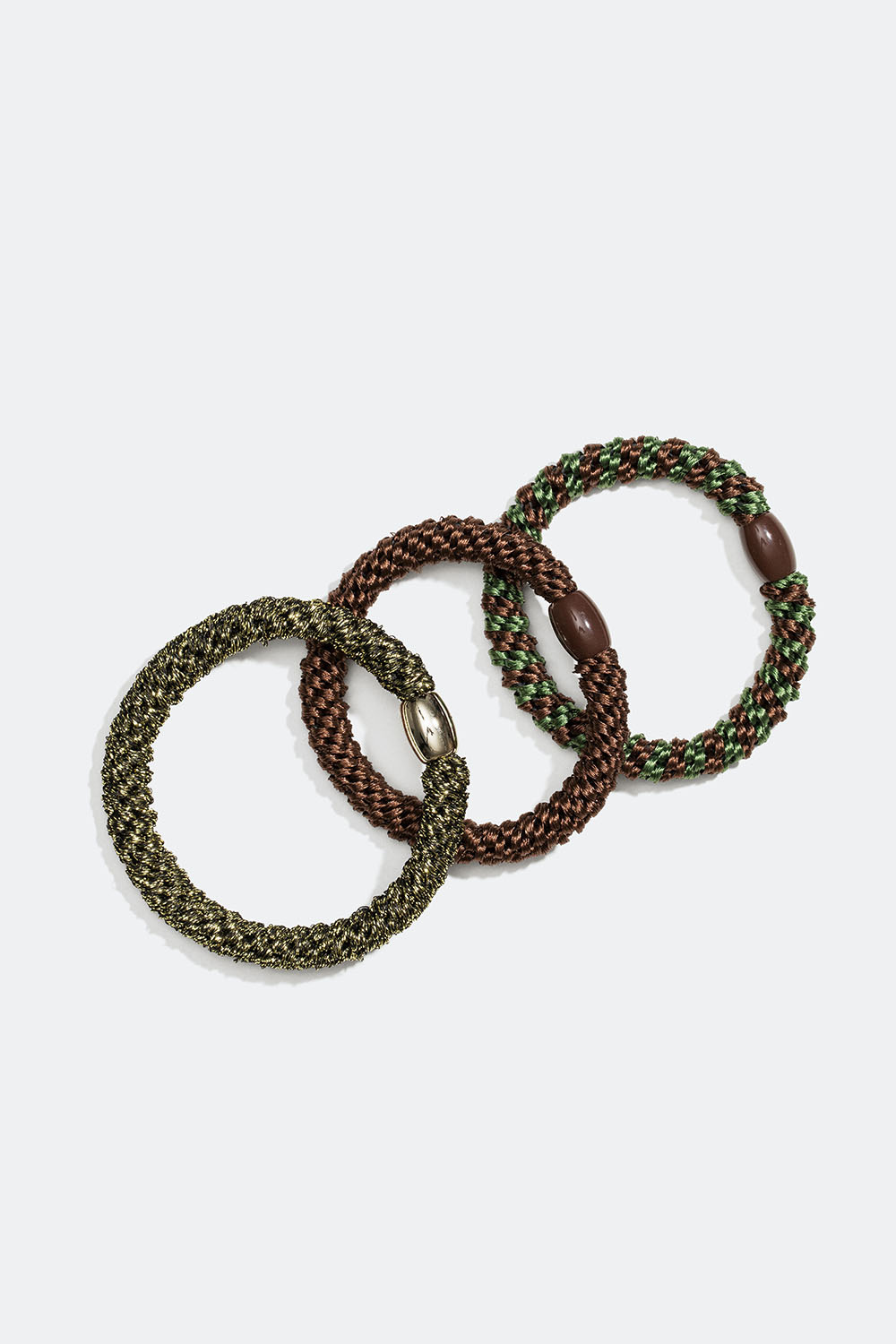 Flettede hårelastikker i et miks af brun og grøn, 3-pak