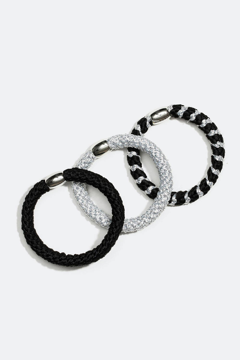 Flettede hårelastikker i sort og sølv mix, 3-pak