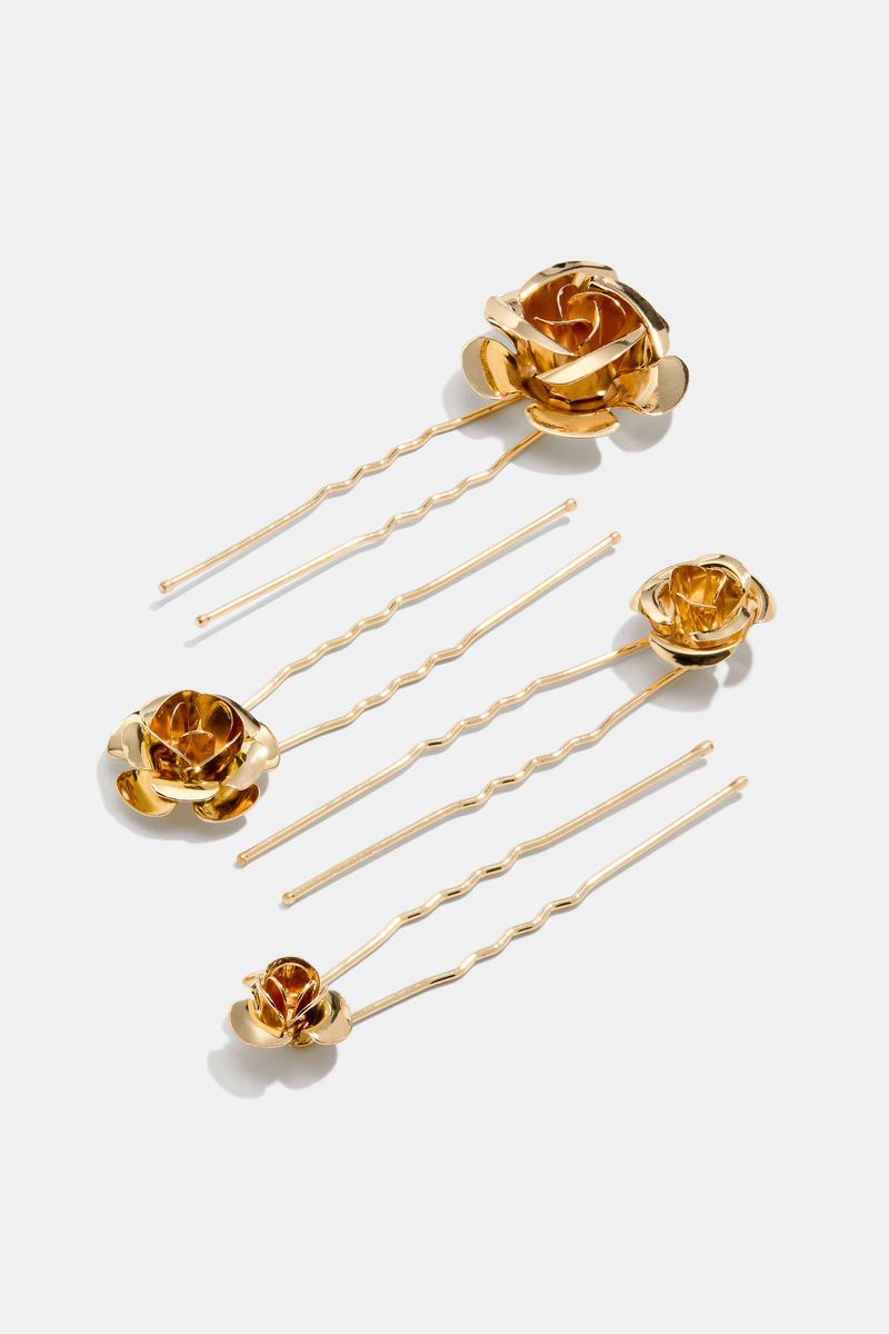 Guldfarvede hårnåle med roser, 4-pak
