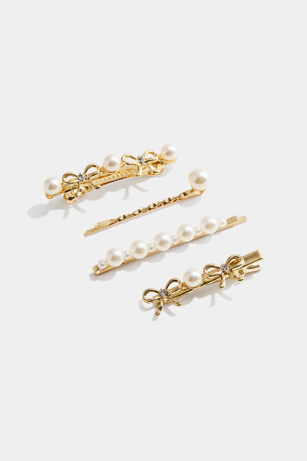 Guldfarvede hårspænder med sløjfe og perler, 4-pak
