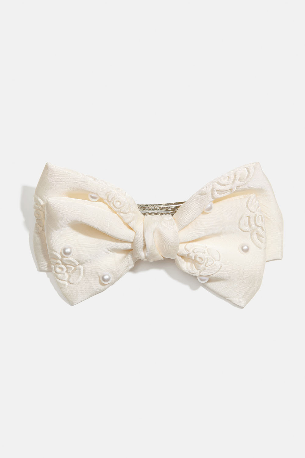 Hårspænde med hvid sløjfe, perler og rosemønster